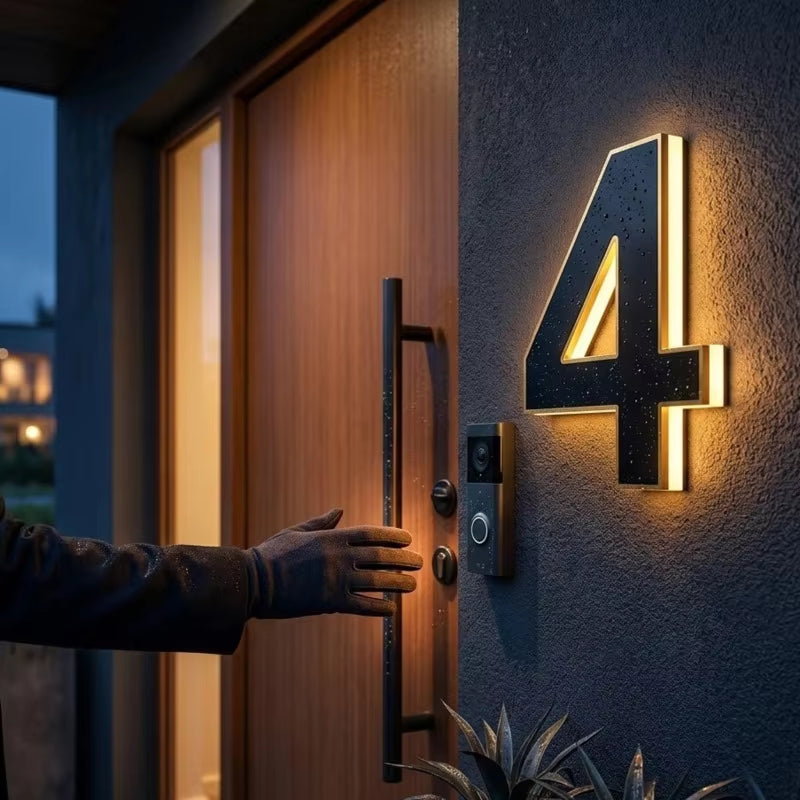 Large black number four with warm backlight on a dark textured wall beside a front door, with a gloved hand reaching for the handle. 2