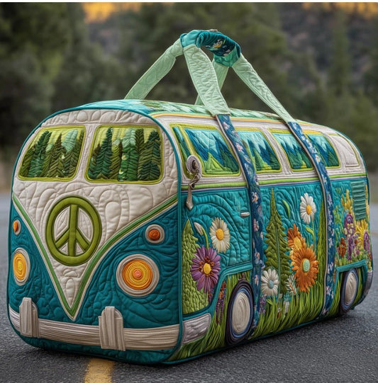 Van-shaped quilted holdall in teal and cream with a peace symbol, flowers and pine windows, on a road 1