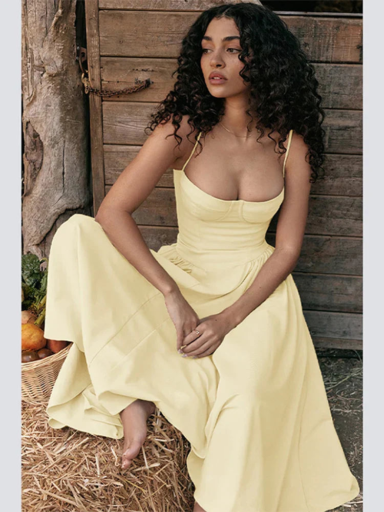 Elegant midi evening dress with pleated hem – Amara