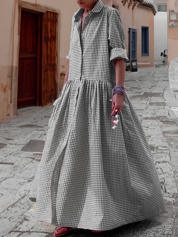 Casual Checked Swing Dress with Long Sleeves - Sofie