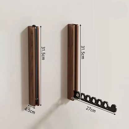 Dimension diagram of the dark wooden rack folded and unfolded, marking its height, depth and arm length. 10