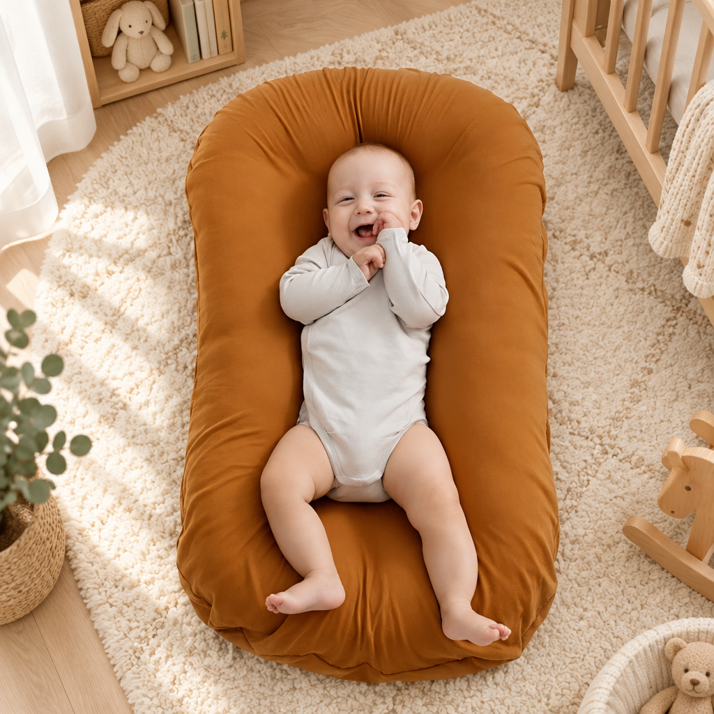 Laughing baby in a white bodysuit lying on a rust-coloured lounger in a cosy nursery 1