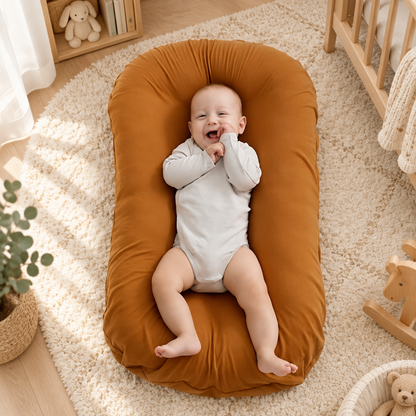 Laughing baby in a white bodysuit lying on a rust-coloured lounger in a cosy nursery 1