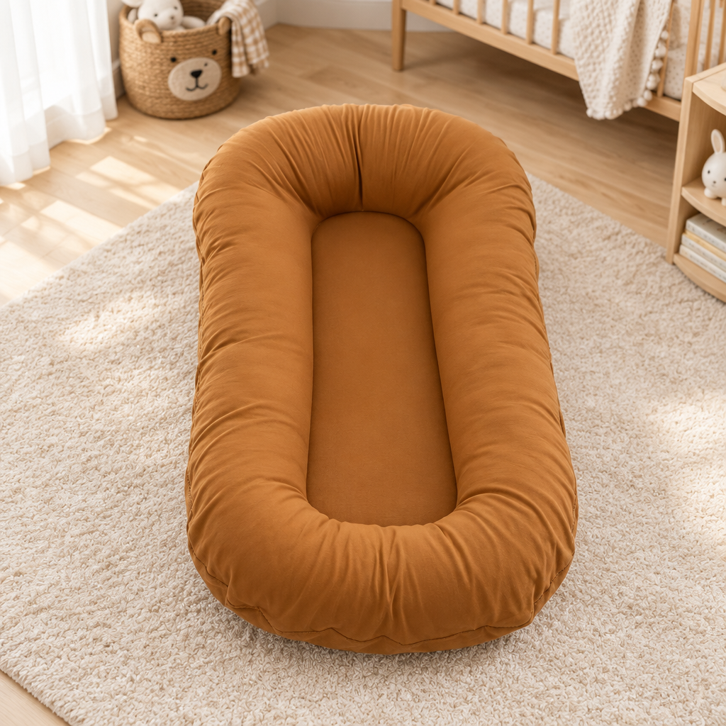 Empty caramel-coloured cushion with raised edges on a cream rug in a nursery near a cot 9
