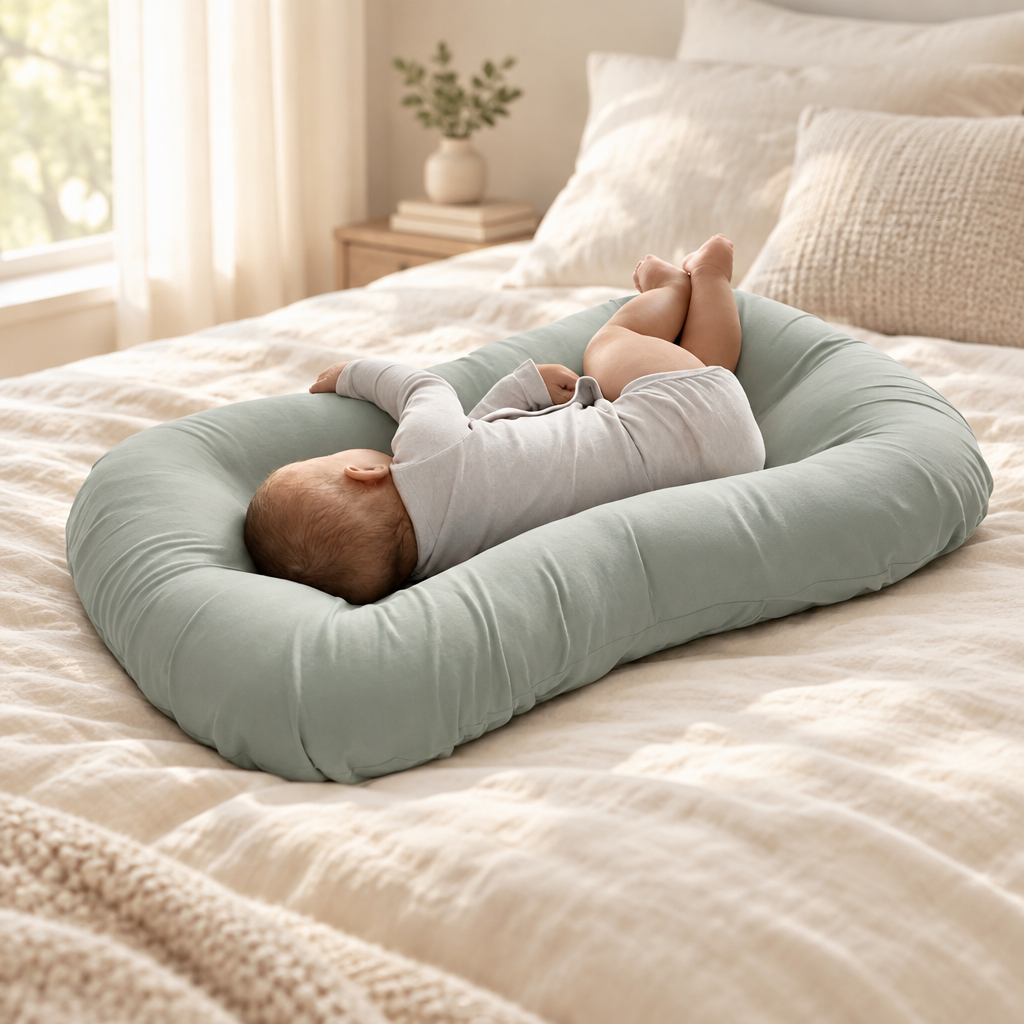 Baby asleep on its side in a sage green support cushion on a cream bed 1