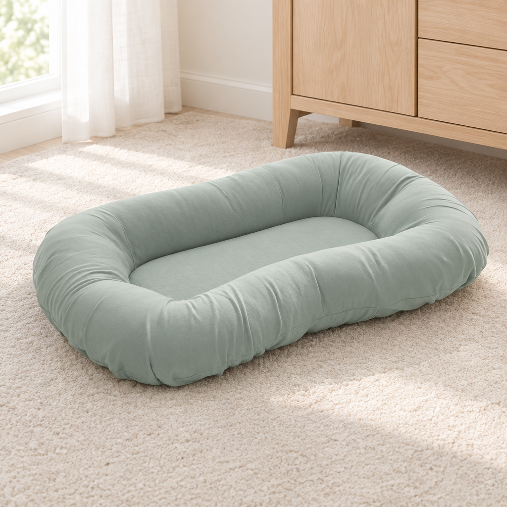 Empty sage green cushion with raised edges on a cream rug beside a wooden chest of drawers 8