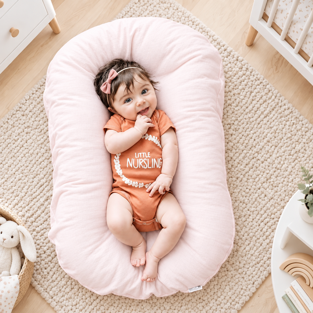 Smiling baby with a pink hair bow lying on a pale pink support pillow in a nursery 1
