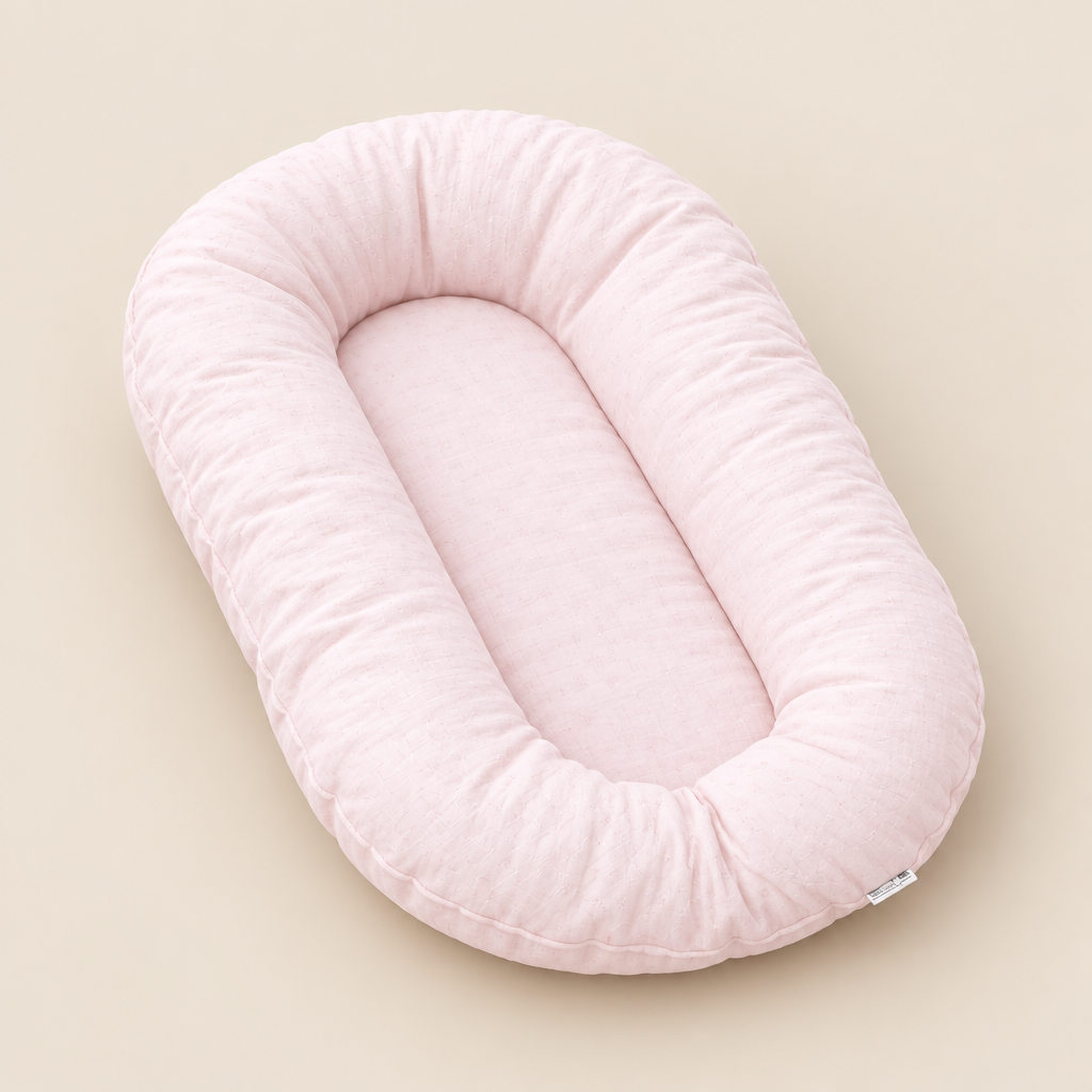 Empty pale pink pillow with a textured fabric surface and raised sides, shown from above 10