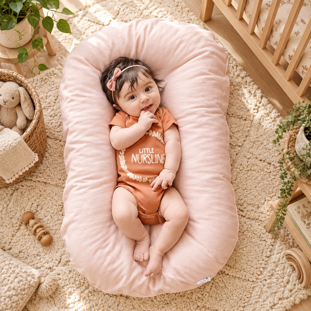 Smiling baby with a pink bow headband lies on a pale pink support pillow in a nursery 1
