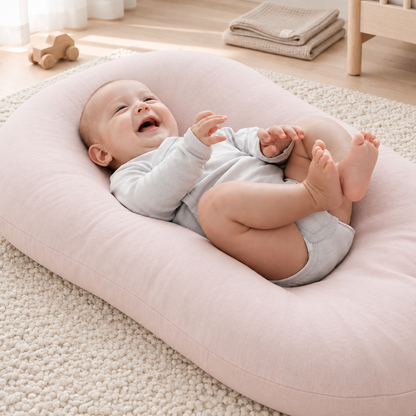 Laughing baby lying on a pale pink cushion on a fluffy rug in a nursery 1