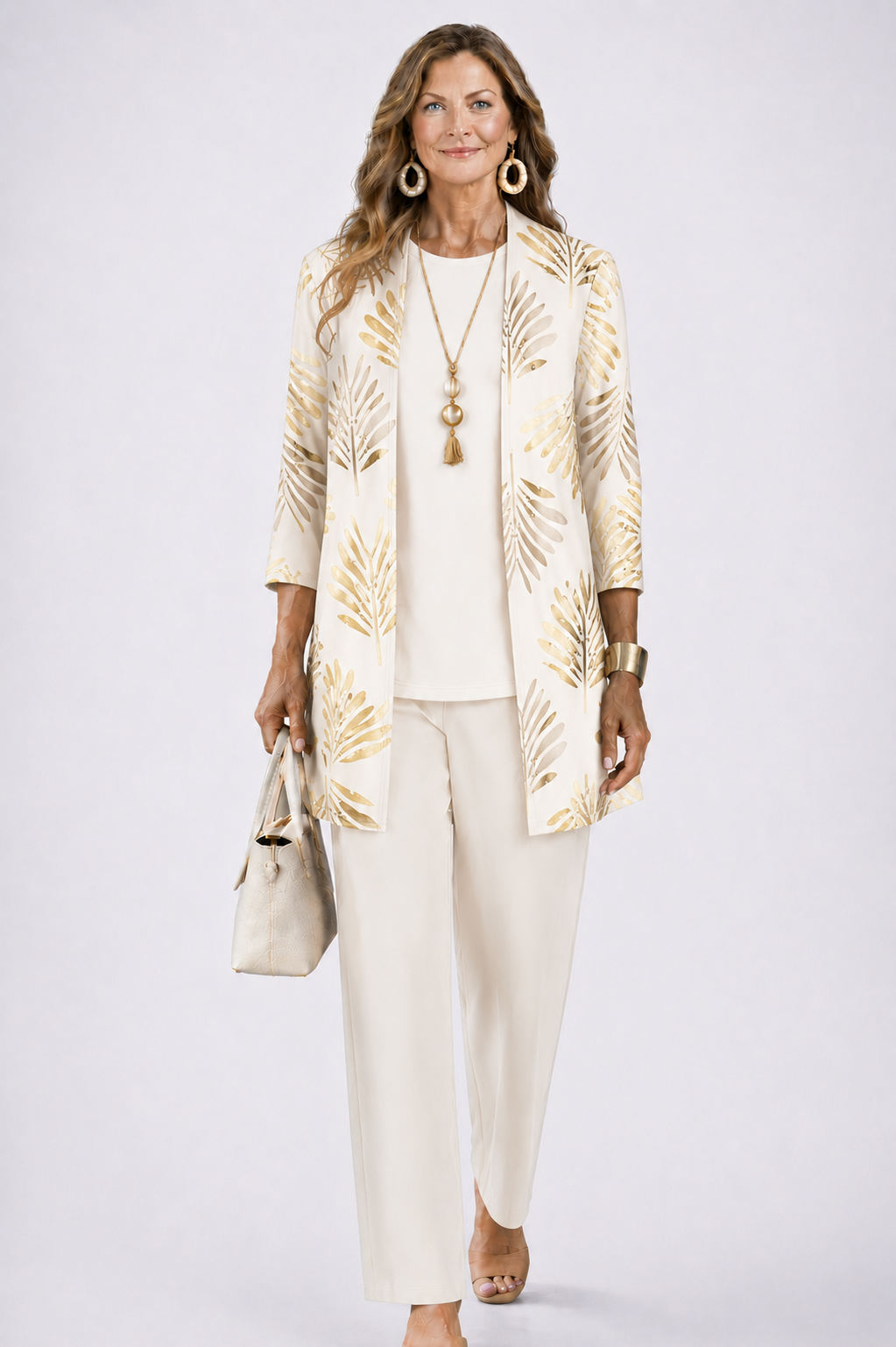 Model wearing the cream set, with gold palm-leaf print on the long open cardigan over a plain top and trousers. 3