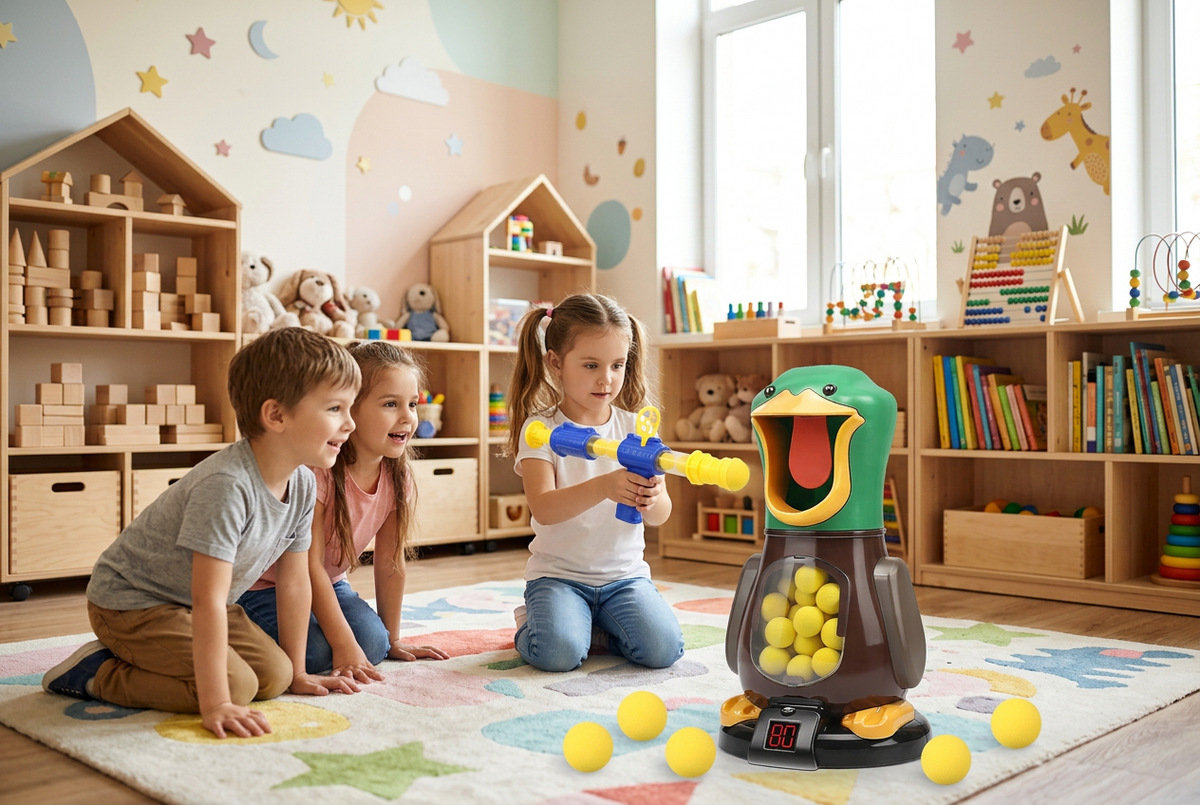 Three children kneel on a colourful rug in a playroom while a girl aims at the duck target 1
