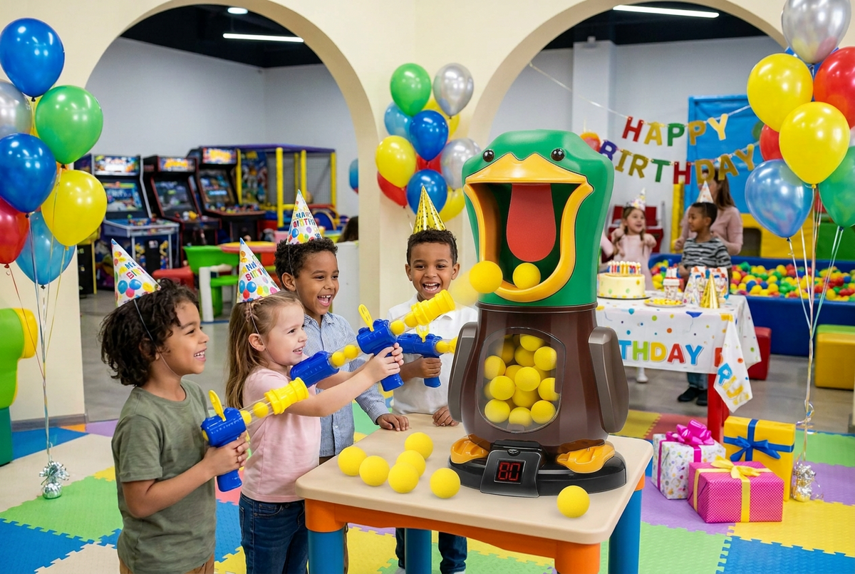 Excited children in party hats aim blue foam-ball blasters at the green duck target at a birthday party 1