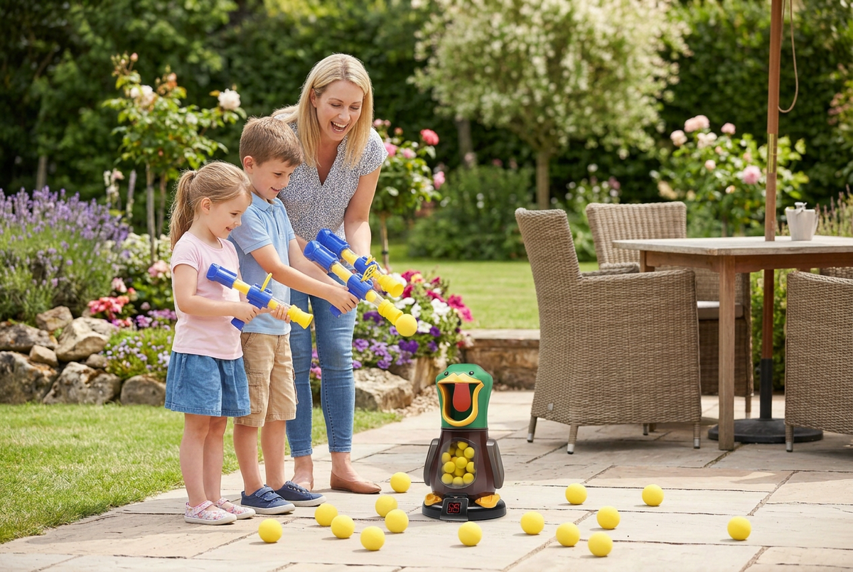 Mother and two young children aiming foam ball poppers at the duck target on a sunny patio 1