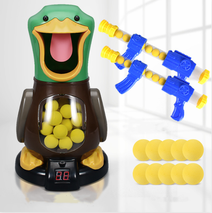 Duck target with two foam-ball guns and ten loose yellow balls arranged beside it 5