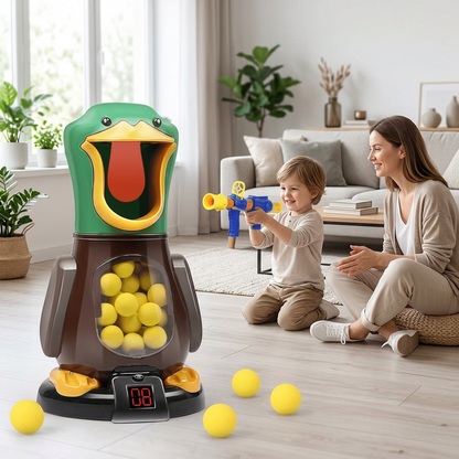 Smiling boy aims a blue toy launcher at the green duck target while his mother watches in a living room 1
