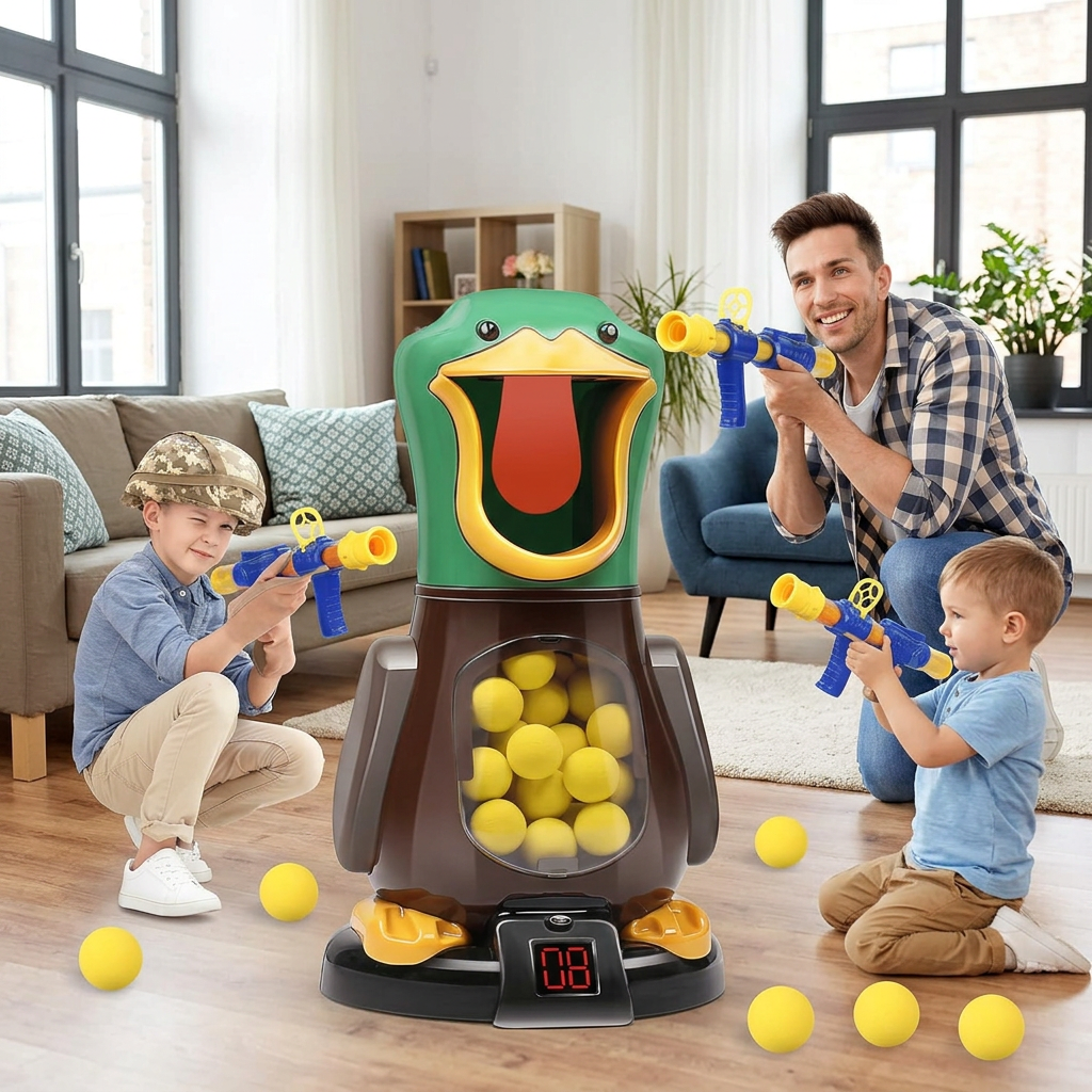 A father and two boys aim foam-ball guns at the green duck target in a living room 1