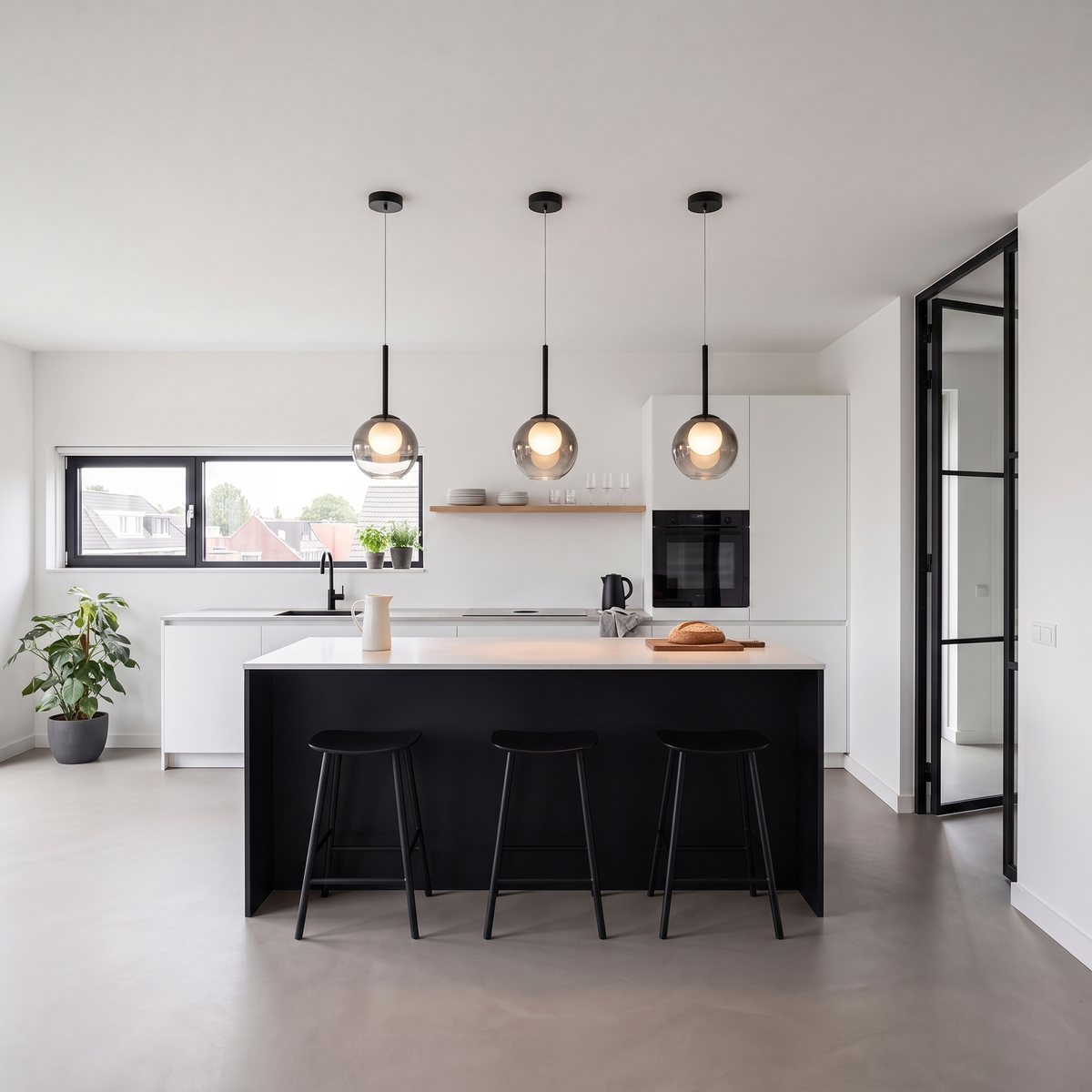 Three smoke grey glass globe pendants with black fittings lit above a kitchen island and stools 1
