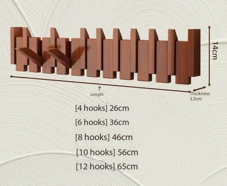 Dimensions diagram of the brown rack showing height, thickness and lengths for four to twelve hook options 9