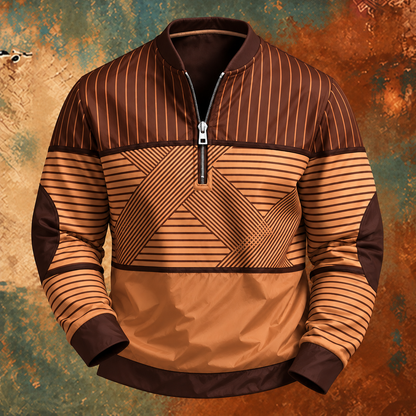 Brown and tan version of the half-zip pullover, with orange-toned pinstripes, striped sleeves and dark brown cuffs and hem. 5