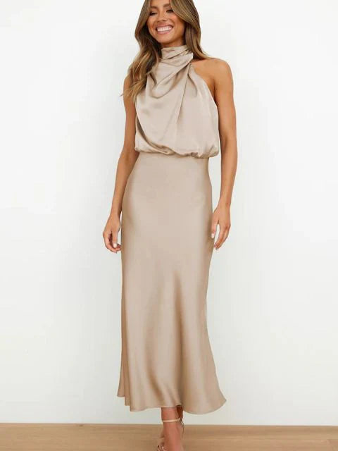 Stylish high‑neck satin evening dress for summer events – Elina