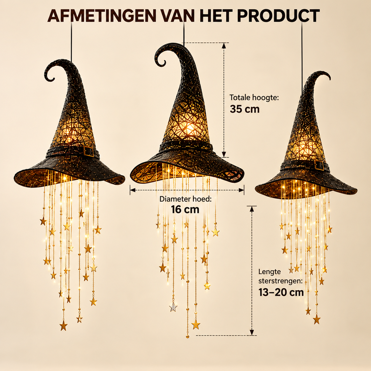 Dimensions diagram of three lit witch hats showing total height, hat diameter and star string length, with labels in Dutch. 10