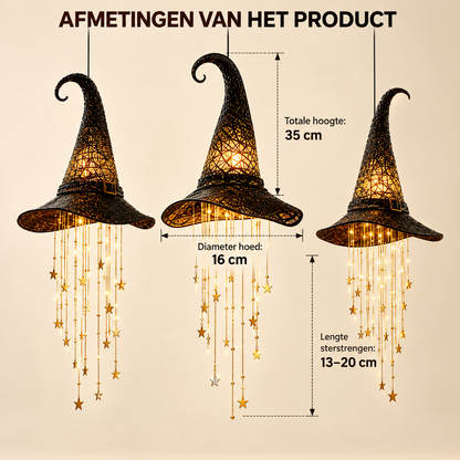 Dimensions diagram of three lit witch hats showing total height, hat diameter and star string length, with labels in Dutch. 10