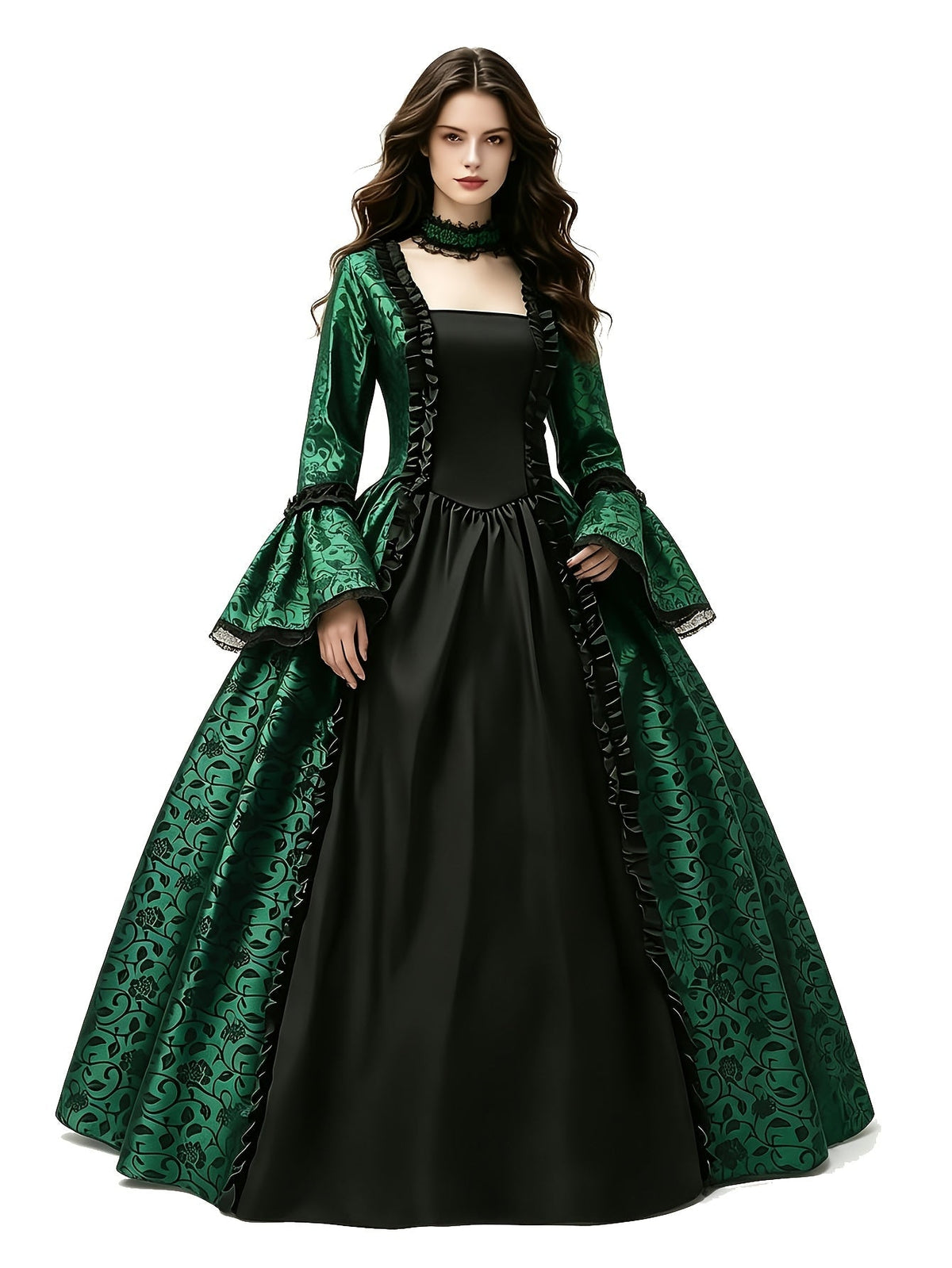 Front view of the green and black ball gown on a model against white, with flared lace-trimmed sleeves and ruffled front. 7