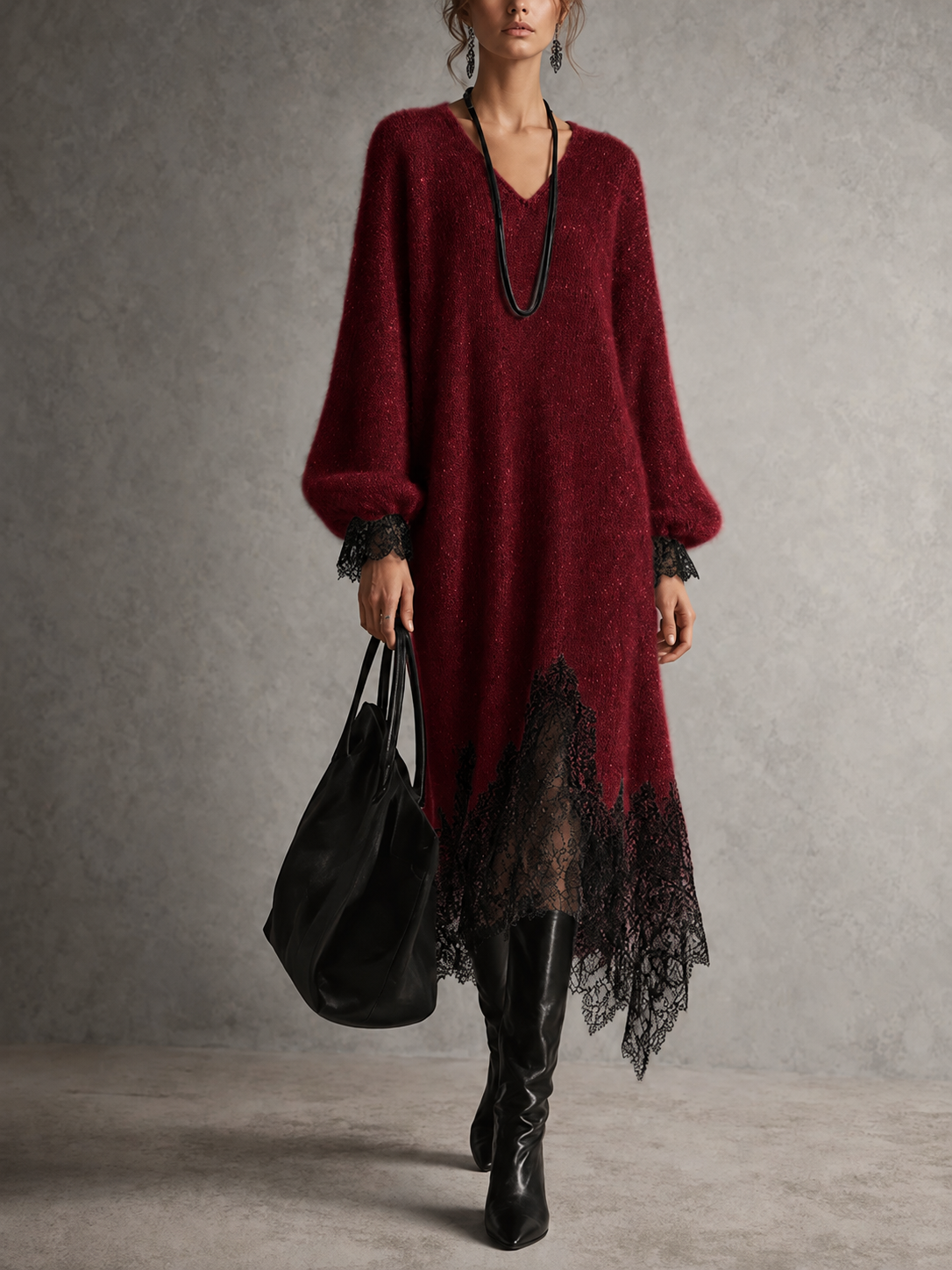 Same dress in a deep burgundy colourway, with black lace hem and cuffs 9