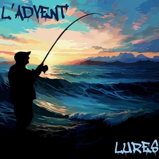 Calendar front design showing an angler's silhouette casting a bent rod over sea waves at sunset 5