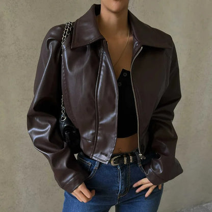 Women's brown PU leather autumn jacket with lapel collar – Rivka