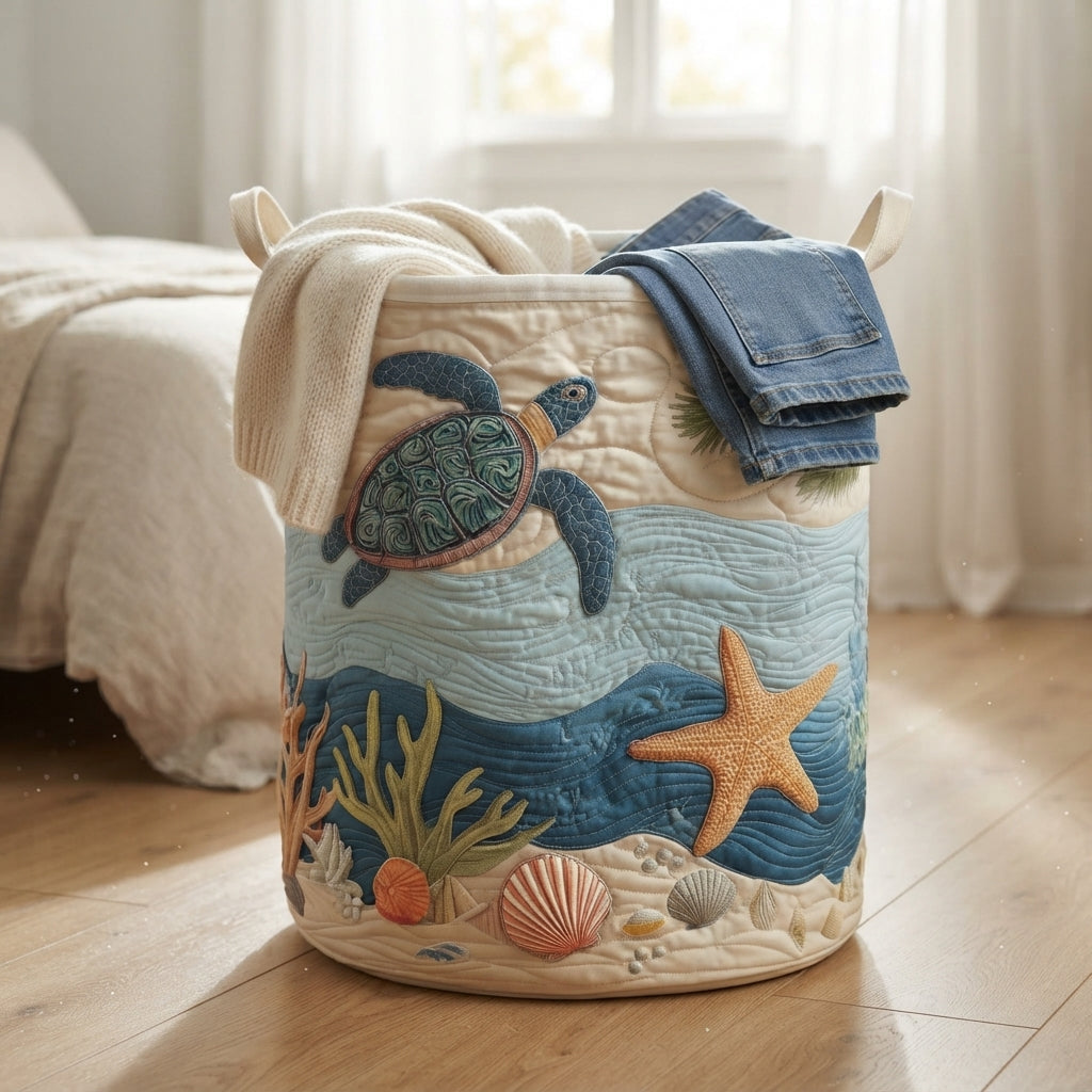 Basket standing on a wooden bedroom floor with a cream knitted jumper and a pair of jeans draped over the rim. 6