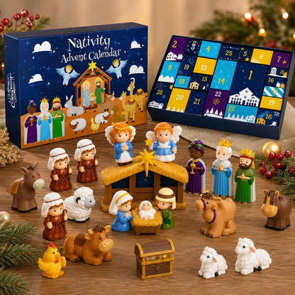Navy boxed calendar with open tray of numbered doors, and the painted figures and stable displayed in front among festive 1