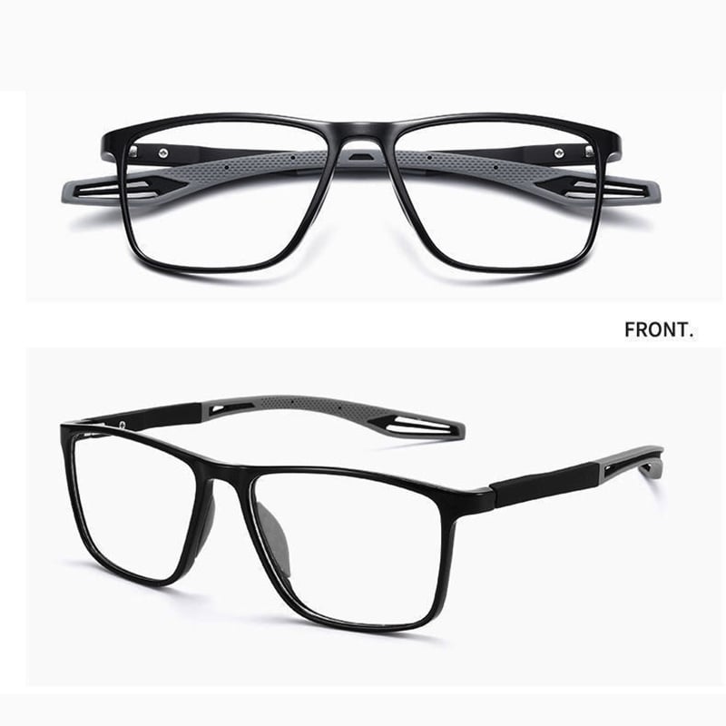Black frames with grey arms shown from the front and from the side in two views. 9