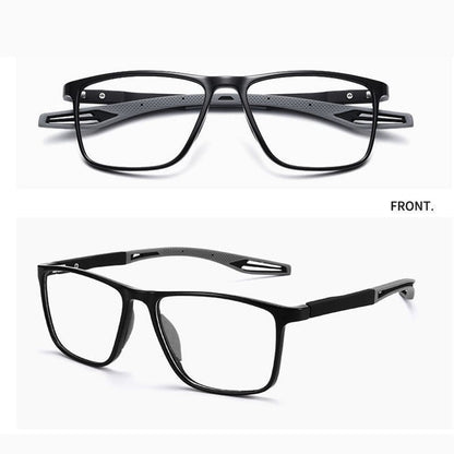 Black frames with grey arms shown from the front and from the side in two views. 9