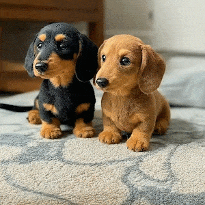 Black-and-tan and tan plush dachshund puppies sitting side by side on a patterned rug, both looking toward the camera. 5