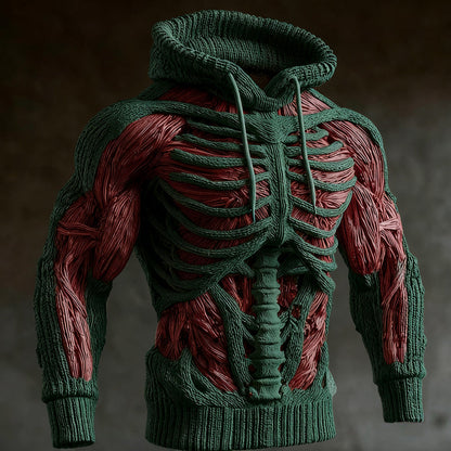 Dark green version of the knit hoodie, showing the textured rib cage and spine over red muscle detailing. 3