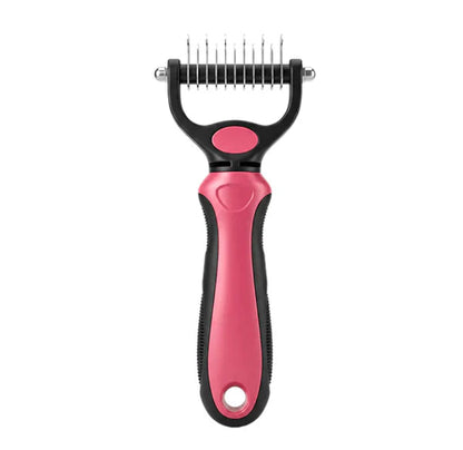 Front view of the pink and black rake on a white background, showing its straight-toothed side and hanging hole in the handle. 12