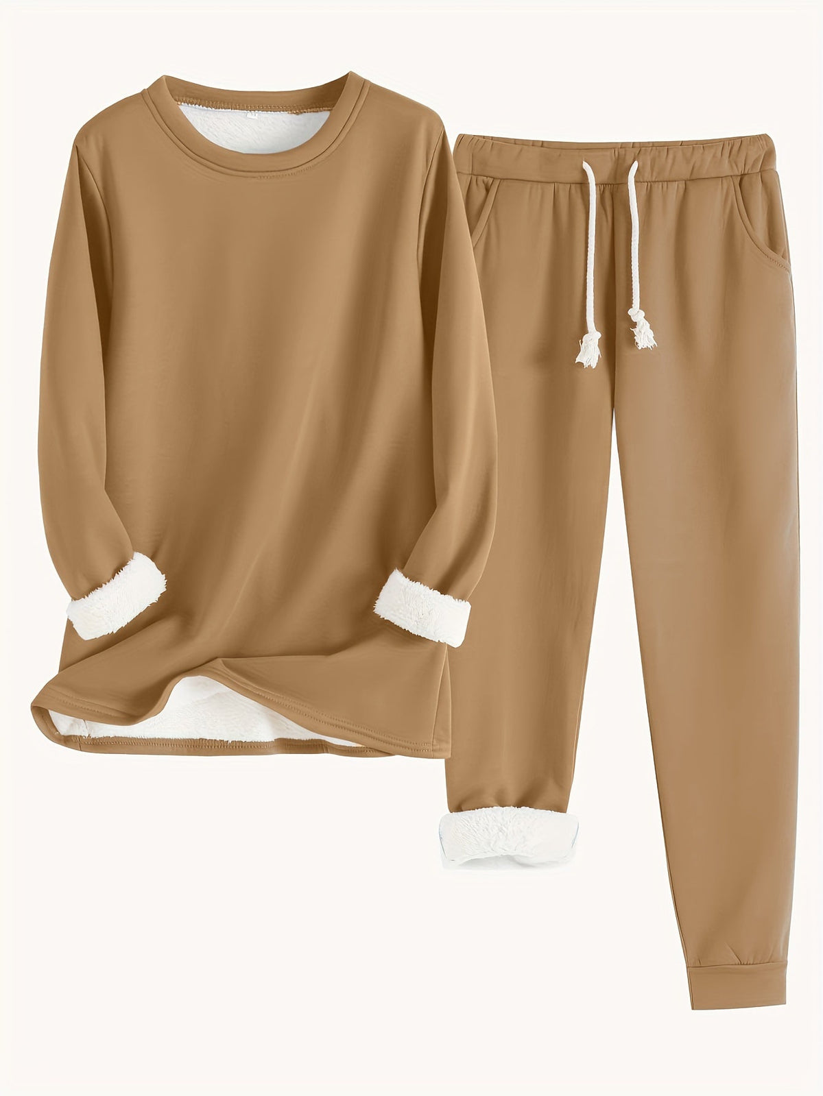 Flat lay of the set in caramel brown, showing the white fleece lining at cuffs and hem 11