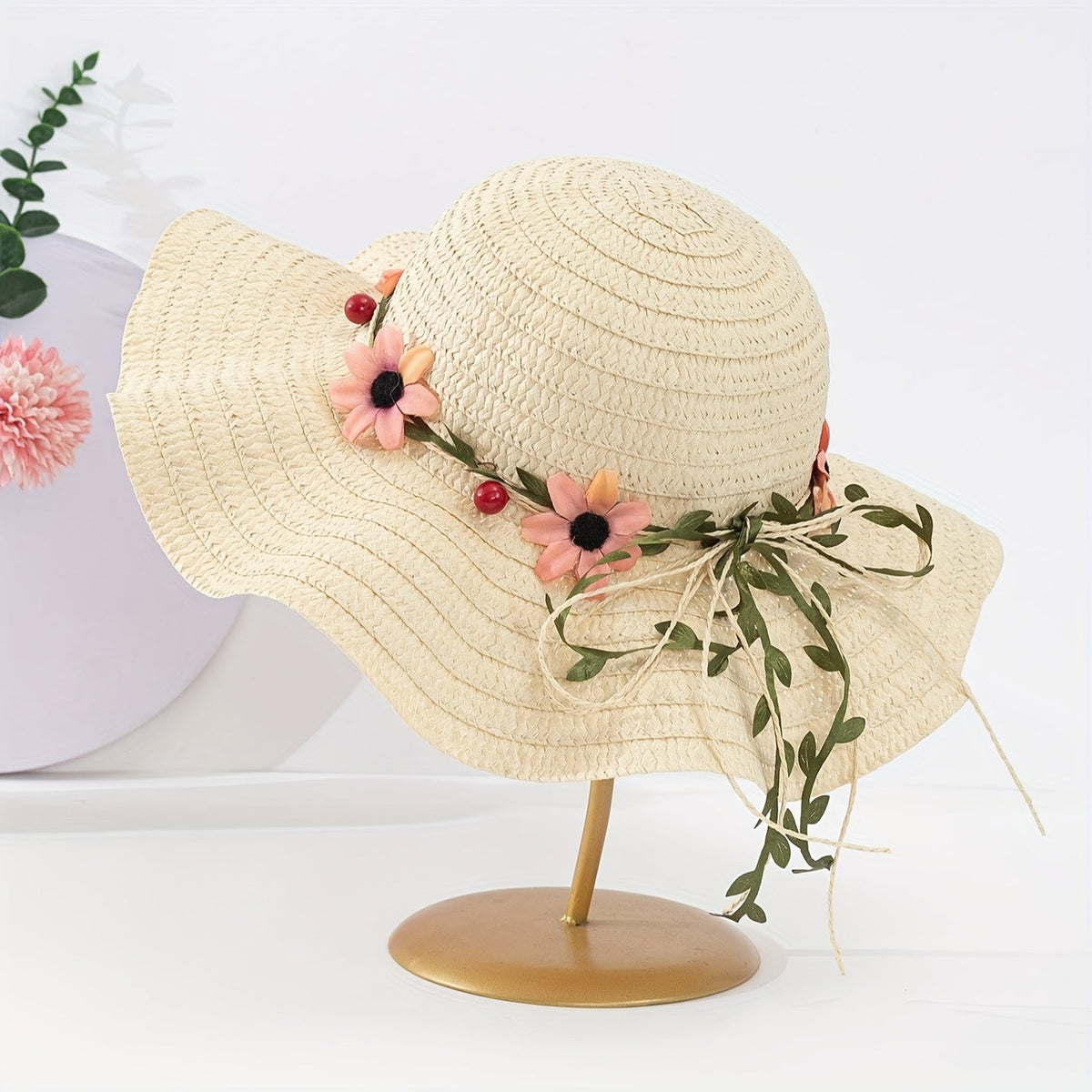Ladies' summer straw hat with flower and fruit details – Solène