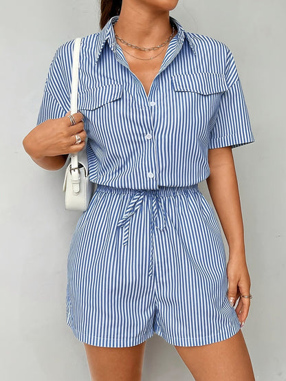 Trendy women's jumpsuit with short sleeves for summer - StripeFresh