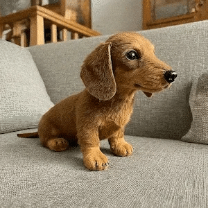 Tan plush dachshund puppy sitting upright on a grey sofa, shown in profile with floppy ears and glossy dark eyes. 3