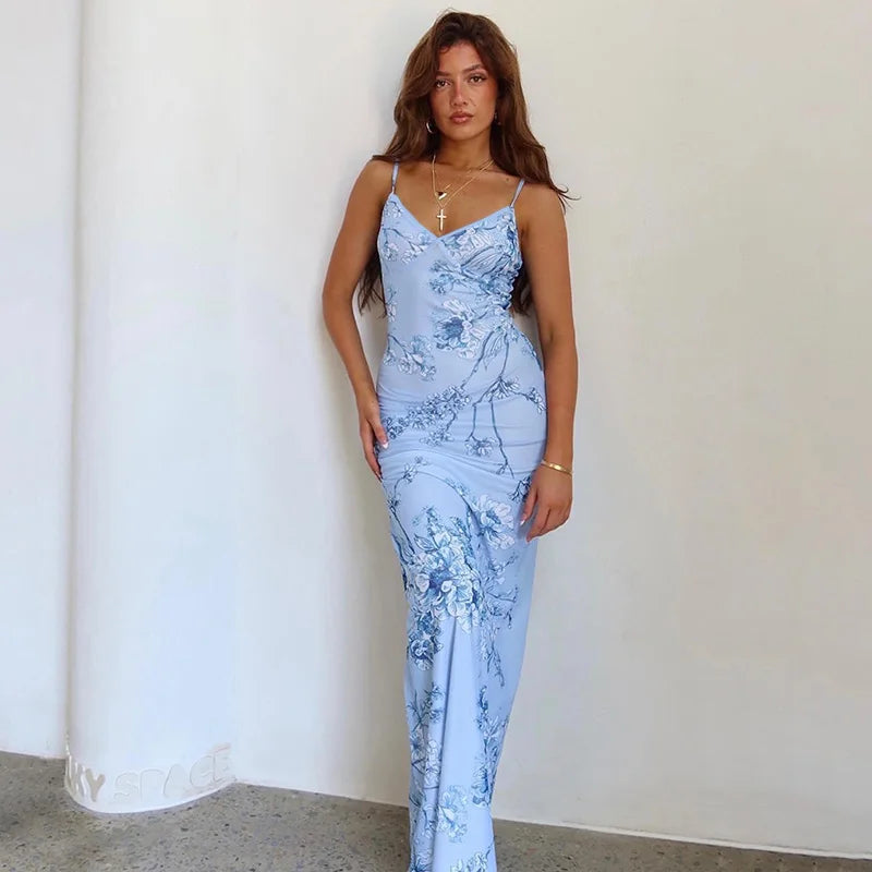Floral summer maxi dress with V-neck and spaghetti straps - Alina