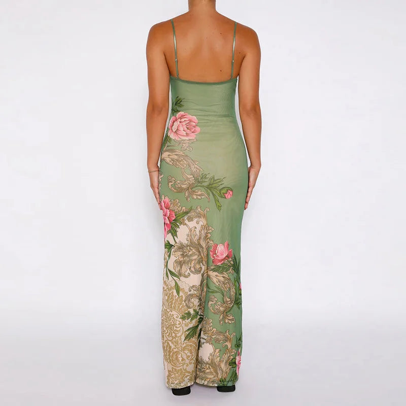 Floral summer maxi dress with V-neck and spaghetti straps - Alina