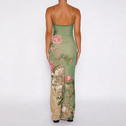 Floral summer maxi dress with V-neck and spaghetti straps - Alina