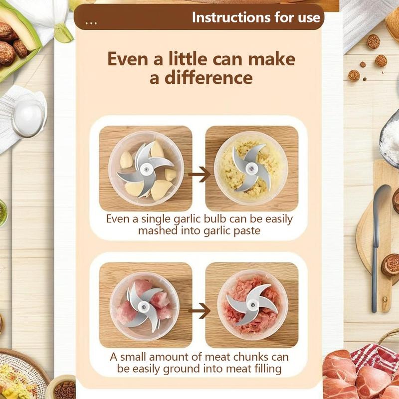 Instruction graphic showing garlic cloves turned into paste and meat chunks ground into mince, each in the bowl with the four-blade cutter. 4