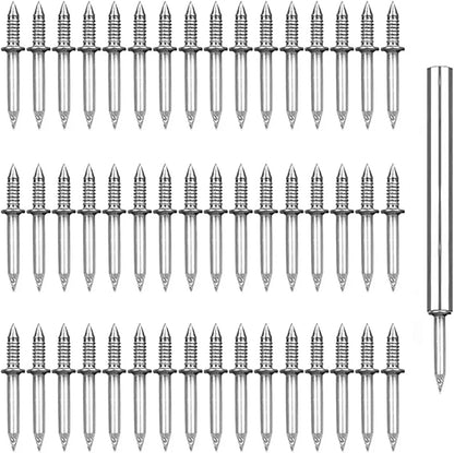Top-down arrangement of three neat rows of identical silver double-head nails beside a single sleeve tool with a nail inserted. 2