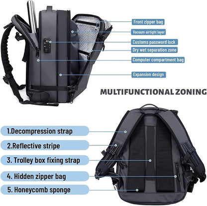 Extendable compression travel rucksack with anti-theft lock and wet compartment