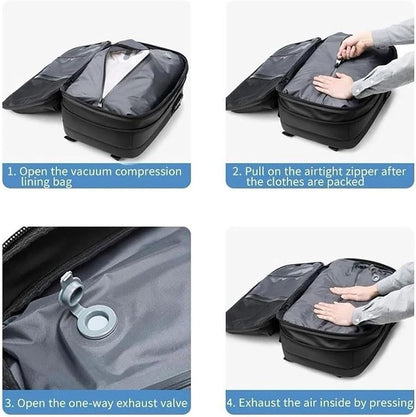 Extendable compression travel rucksack with anti-theft lock and wet compartment