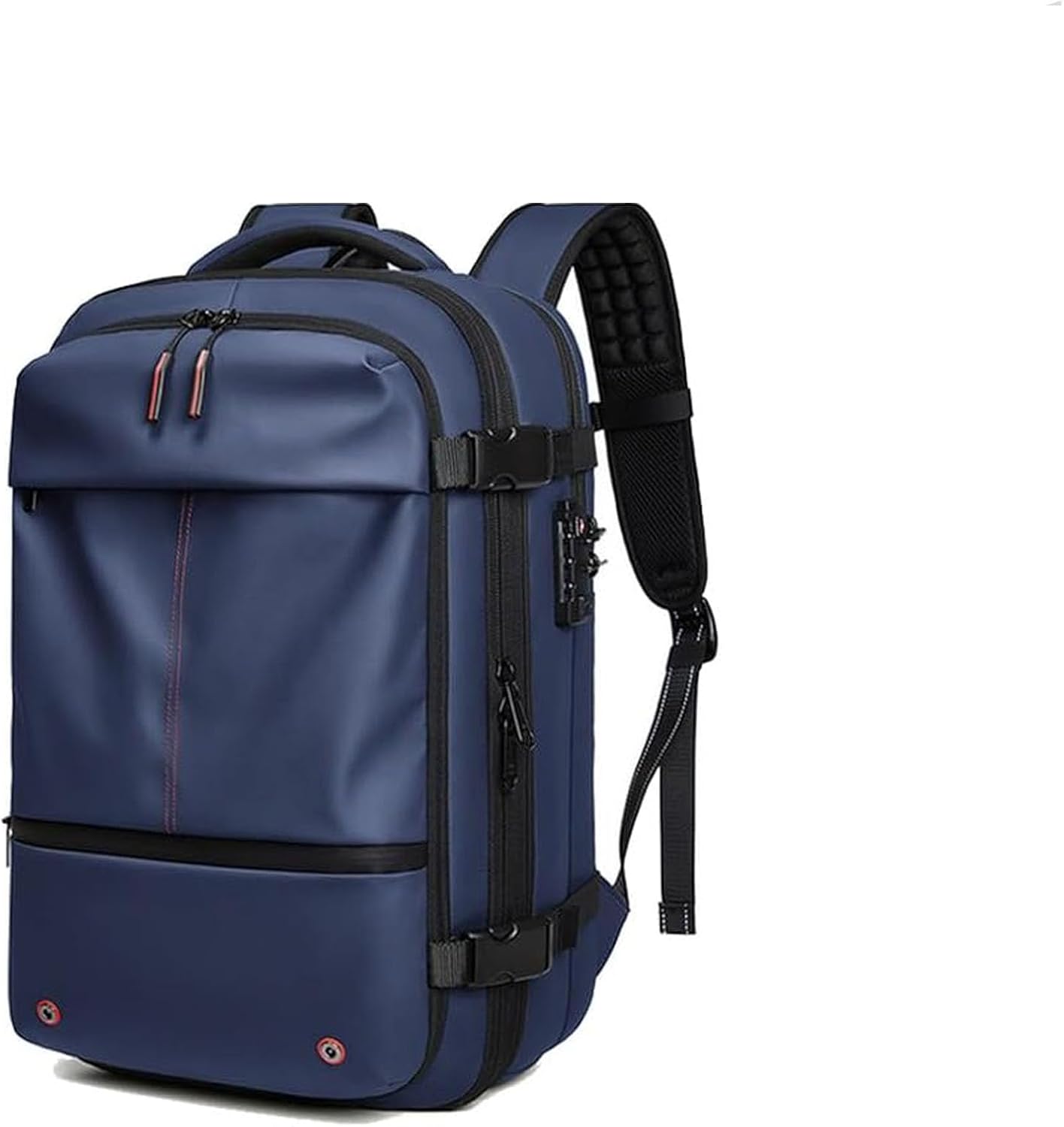 Extendable compression travel rucksack with anti-theft lock and wet compartment